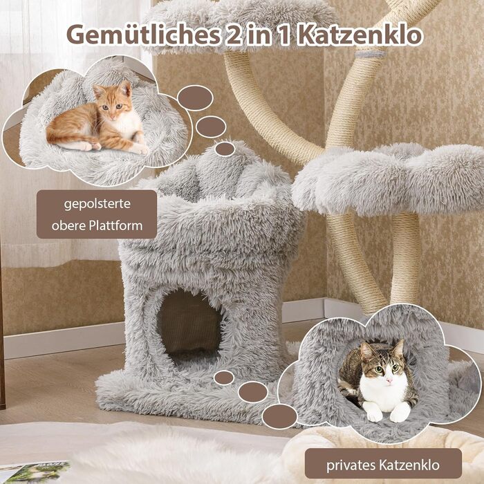 Дерев'яна кігтеточка для котів COSTWAY 165 см з 4 лежаками, печерою та сизалевими стовпчиками. Міцний каркас з металу, сірий колір.