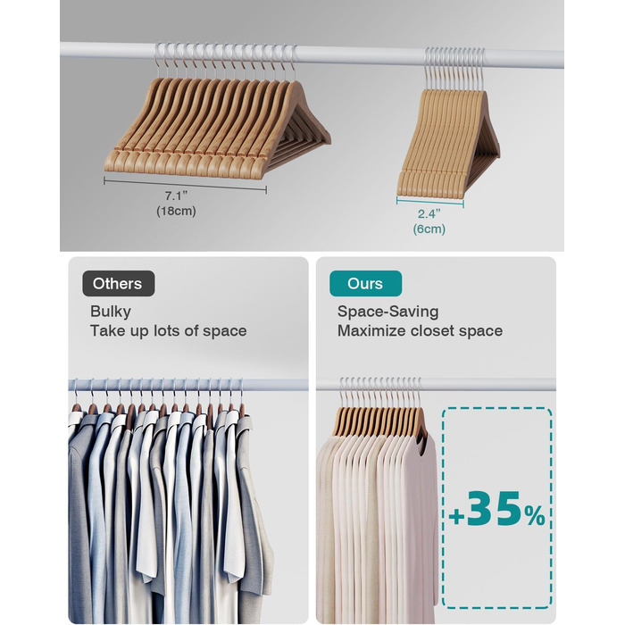 20 дерев'яних вішалок для одягу, 360° обертання, антиковзкі насічки, для костюмів, курток, сорочок, суконь, 44,5 x 0,85 x 21,5 см, AWY0520N, натуральний колір
