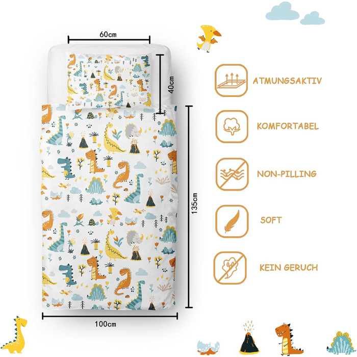 Комплект постільної білизни для ліжечка DJDEA для хлопчиків з динозаврами, 100x135 см, мікрофібра, 2 шт. (простирадло 100x135 см + наволочка 40x60 см)