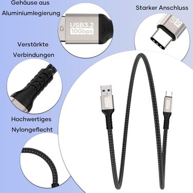 Кабель USB-A на USB-C 0.5м, 10 Гбіт/с, 60W, 3A, для iPhone 16/15/Pro Max, Samsung Galaxy S24/S23/S22/S21, iPad Pro, SSD та інших пристроїв