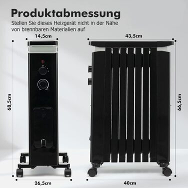 Масляний радіатор COSTWAY 1500W з 7 ребрами, 5-35°C, 3 режими нагріву, термостат, вологозбірник, на колесах (Чорний)