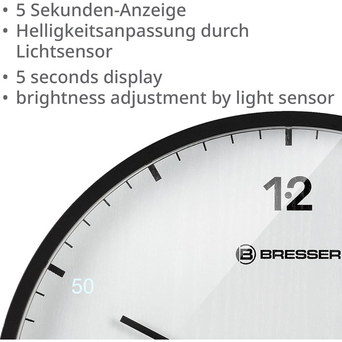 Bresser MyTime Wall Clock with Radio Control, No Ticking Sound, 24 cm Dial, LED Second Display, Indoor Temperature, and Silent Radio Movement, (White)