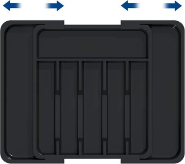 Органайзер для столових приборів в шухляду 40 см, чорний, пластиковий, з регульованими перегородками (6-8 відділень)