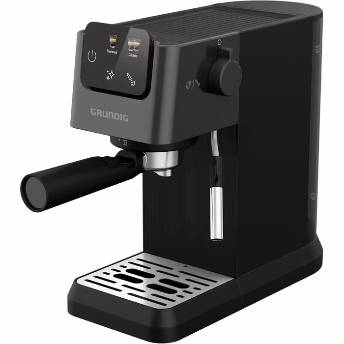 GRUNDIG KSM 4330 Espresso Machine with Milk Frother, for Ground Coffee, Removable Water Tank, Touch Display, 1626 W Power, Memory Function, Black