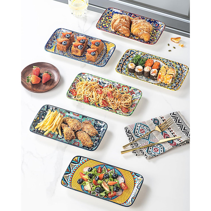 Сервіровочні тарілки HENXFEN з порцеляни, 10 дюймів, набір прямокутних тарілок для салату, закусок, сашимі, богемний квітковий дизайн у 6 яскравих кольорах