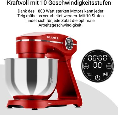 Кухонний комбайн-міксер KLAMER 1800W, планетарний міксер для тіста з чашею з нержавіючої сталі 6л, червоний