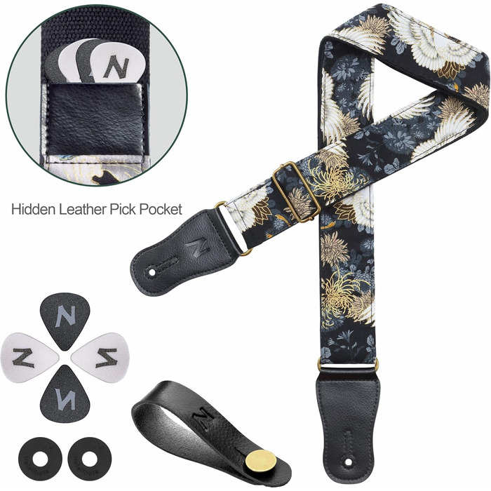 Японський гітарний ремінь Nefelibata з бавовни для акустичної гітари, укулеле, адаптер для голівки грифа в подарунок, медіатор та замок для ремінця. Регулювання від 38' до 64'. Дизайн: Хризантеми