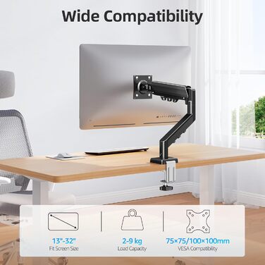 Кріплення для монітора MOUNTUP, 13-32 дюйми, 2-9 кг, VESA 75/100mm, газ-амортизатор, 360° оберт, регулювання висоти, нахил, EU8015B, Single arm