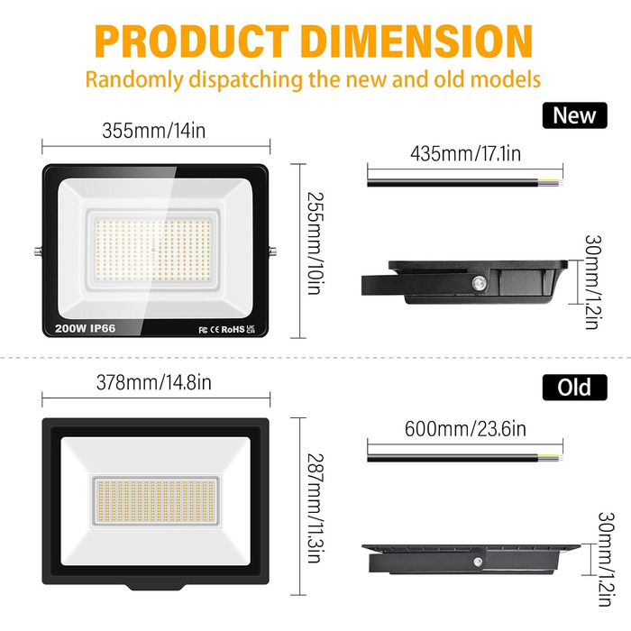 RIGIDON 2x 75W LED Floodlights Outdoor, 7500LM Outdoor Floodlight, 3000K Warm White IP66 Waterproof LED Floodlight, Outdoor Lamp for Garden, Courtyards, Garage, Hotel, Sports Field, Workshop (1 x 200W)