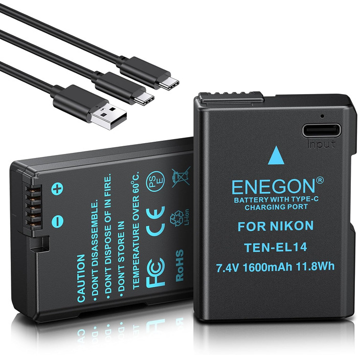 Зарядний пристрій ENEGON EN-EL14 20W з подвійним акумулятором, швидка зарядка, сумісний з Nikon D3100, D3200, D3300, D3400, D3500, D5100, D5200, D5300, D5500, D5600, Coolpix P7000, P7100, DF, LCD-дисплей, 2 USB-C для прямої зарядки камер