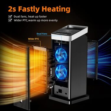 OMISOON Heater 2000W, ECO energy-saving, PTC thermostat heating with 90° oscillation, 24h timer, wind setting, multiple protection, remote control, 4 modes, for home, bedroom, office