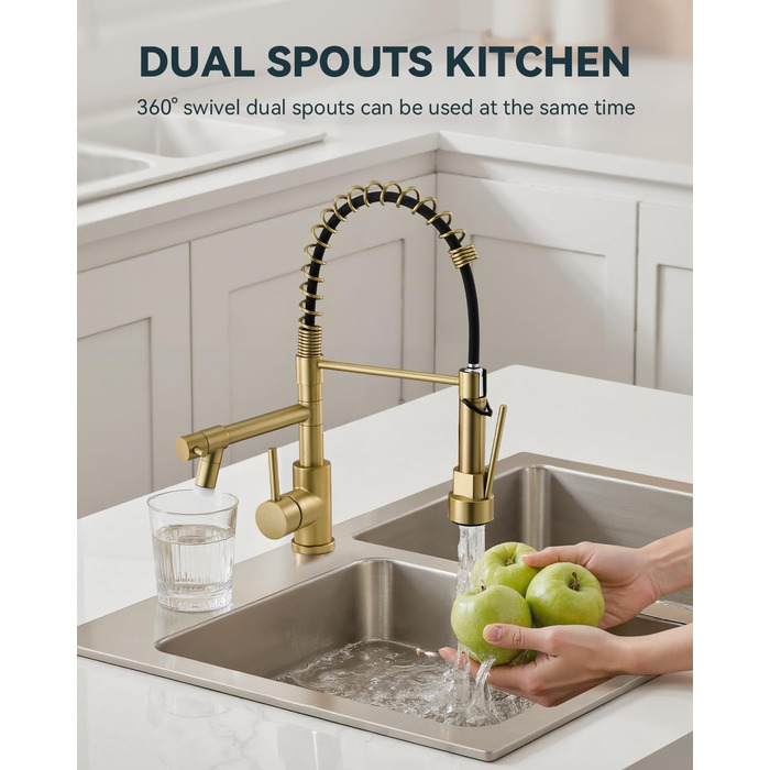Кран кухонний LED Warmiehomy професійний, 360° поворотний, з двома виливами, високий вигин, спіральна пружина, для мийки, з нержавіючої сталі (золотий)
