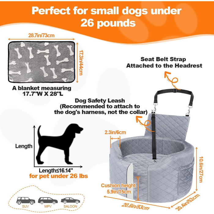 Автокрісло для собак - чорне автокрісло-бустер для маленьких собак з 28D Memory Foam, неслизька та водонепроникна підкладка, переносна клітка з кишенями для зберігання та ковдрою, чорний (02-Сірий)