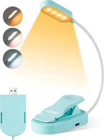 EDISHINE LED Кліпса для читання: USB-лампа з 3 кольорами та регулюванням яскравості, для дітей, для ліжка, авто, столу, кута. Захищає зір.