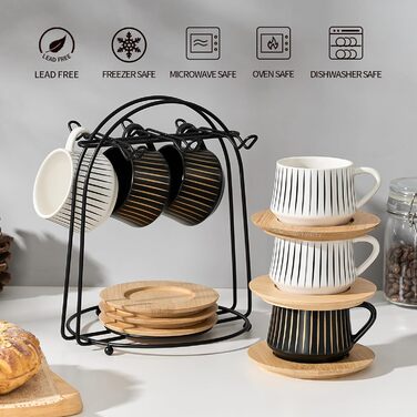 Набір керамічних чашок та підставок для кави з металевим стійкою (6 шт.), 130 мл, чорний, для капучіно, еспресо, лате, американо, чаю