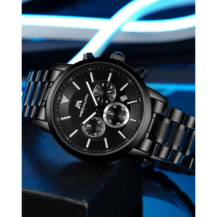 Чоловічий годинник MEGALITH з нержавіючої сталі, хронограф, велике циферблат, водостійкий, з датою, для роботи та відпочинку. Стильний подарунок для чоловіків (8345 Чорний)