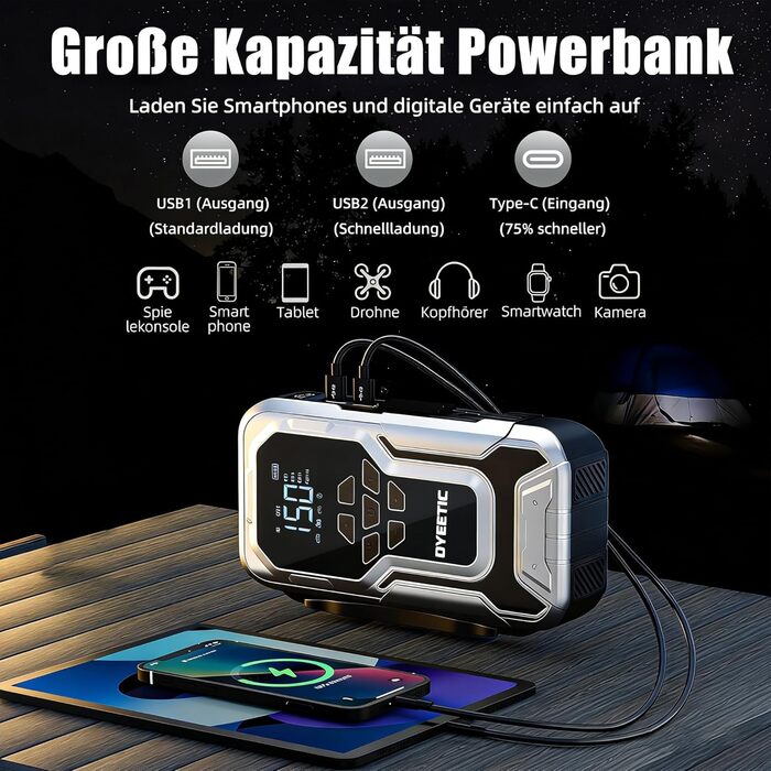 Powerbank Starthilfe 6000A з компресором 150PSI: портативний пусковий пристрій для авто/мото (бензин, 10.0L дизель) з LED ліхтариком QC3.0, срібний