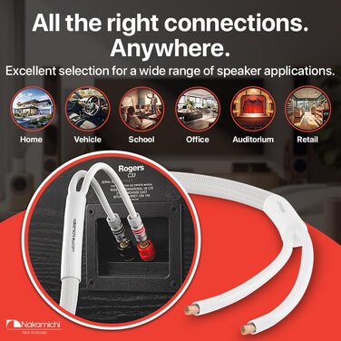 Акустичний кабель Nakamichi 12AWG з позолоченими банановими роз'ємами 24K, 1.8м, безкиснева мідь (OFC), в обплетенні, білий