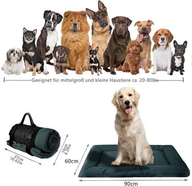LATRAT Зворотне складне водонепроникне ліжко для собак, килимок для собак для подорожей, кемпінгу, на вулицю, з неслизьким дном, 90x60 см