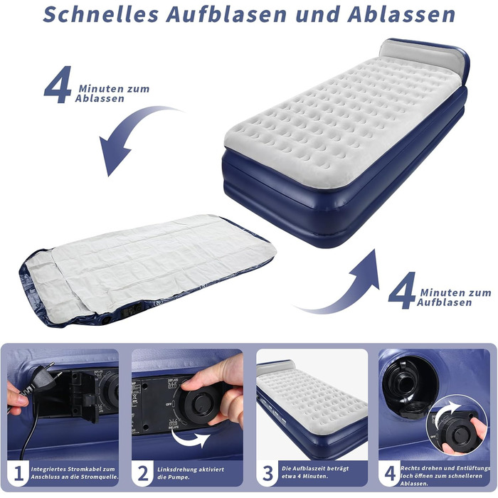 Надувна матрац KMZ з електричним насосом, подвійна висота, для дому, подорожей та кемпінгу. Міцна надувна ліжко - односпальна