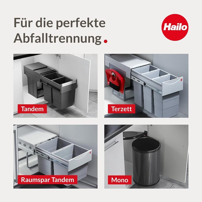 Відро для сміття Hailo Tandem 3650103 | Вбудований контейнер для сміття 2 секції з 50 мішками | для шаф шириною від 300 мм | Зручний висувний механізм на роликових направленнях | Сріблястий та антрацитовий пластик 3650101