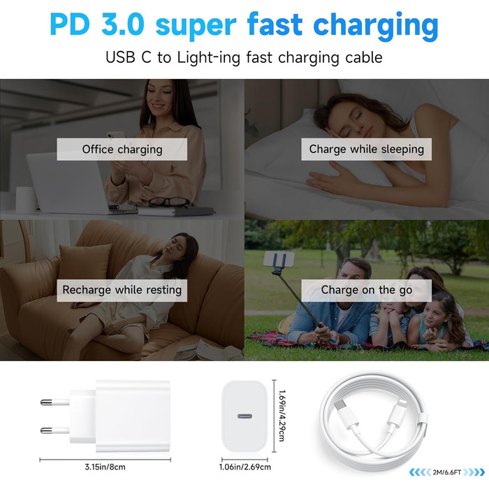 Зарядний пристрій 20W USB-C з кабелем Lightning для iPhone 14/13/12/11/X/XR/XS/Mini/SE - 2 шт, Швидка зарядка PD3.0, Білий