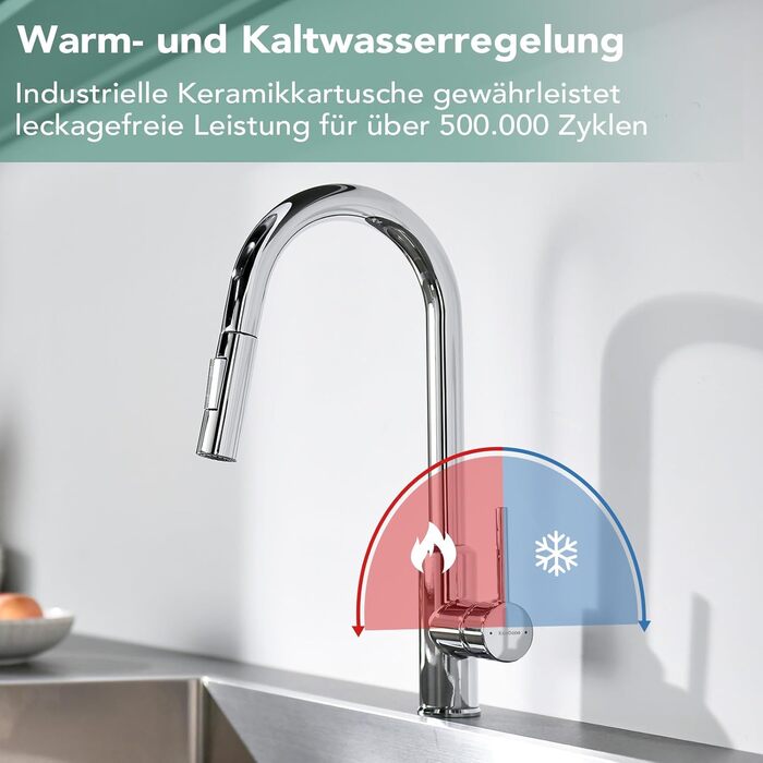 Змішувач кухонний з висувною лійкою та душем, 360° поворот, 2 режими, нержавіюча сталь (хром)