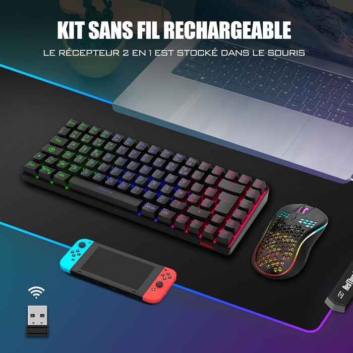 RedThunder K84 Combo: Бездротова клавіатура та миша USB, AZERTY (французька), 75% TKL, 3200 DPI (чорний)
