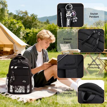 Шкільний рюкзак Tanou для хлопців-підлітків, чорний, з принтом графіті, водонепроникний, 10-18 років