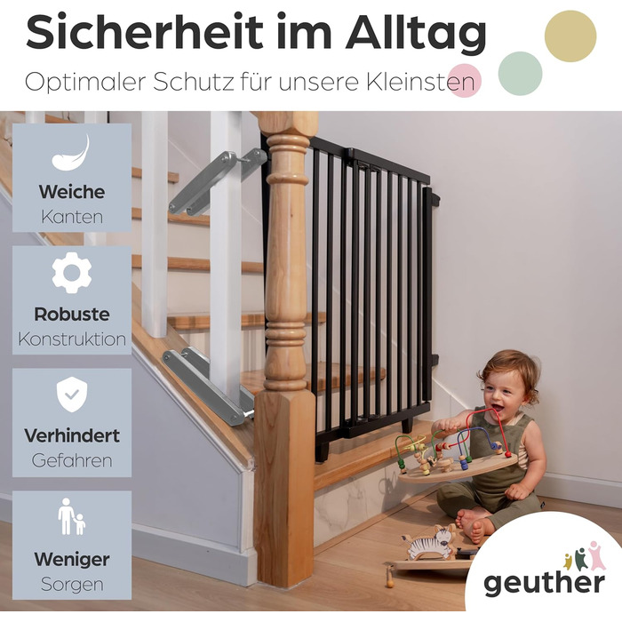 Безпечне ворота Geuther Oris для дитячого захисту на сходах | Дерев'яне ворота з дверцятами, ширина 67-95 см, чорний колір, з кріпленнями для поручнів