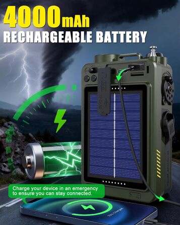 Радіо NOAA з живленням від сонця, USB, ручної динамо-машини 4000 mAh AM/FM/SW/WB – для кемпінгу та надзвичайних ситуацій, з ліхтариком та сигналом SOS