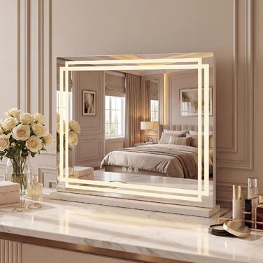 Дзеркало для макіяжу COSTWAY з підсвіткою, 3 режими кольору, 5-кратне збільшення, сенсорне керування та регулювання яскравості, поворотне на 360°, 58x48 см