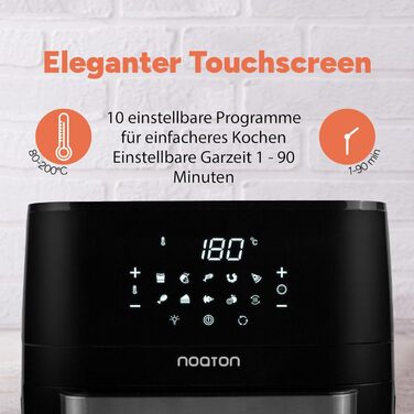 Аерофритюрниця Noaton A120 Ultra Pro 12 л, без олії, 1800 Вт, 10 програм, цифровий дисплей, компактна, для 1-4 осіб, з кулінарною книгою та кухонними щипцями, чорна