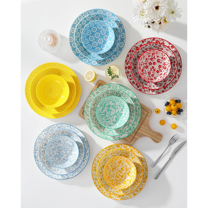 Набір посуду Vancasso Selene на 6 осіб, 24 елементи: тарілки, супові тарілки, миски, десертні тарілки з пастельного порцеляну. Підходить для мікрохвильової печі.