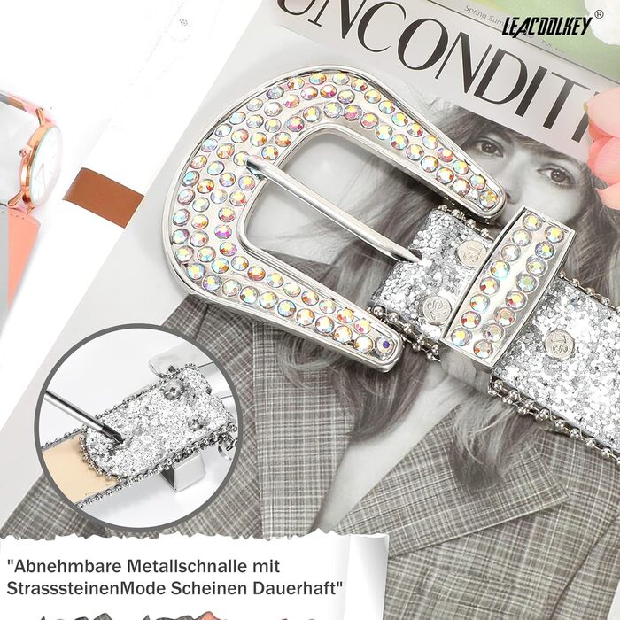 Жіночий ремінь LEACOOLKEY в стилі вестерн, з шипами та пряжкою, PU шкіра, сріблястий (L)