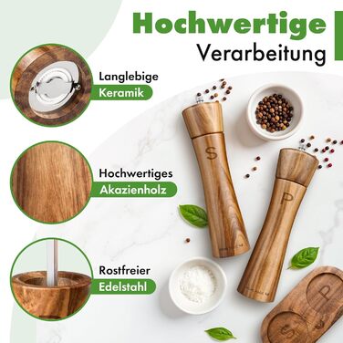 Набір з 2 мельниць для солі та перцю Pfeffermühle Holz з акації з підставкою | Преміум якість, керамічний механізм
