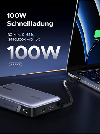 Power Bank UGREEN Nexode 20000mAh 145W з USB-C кабелем, для ноутбуків та смартфонів (Samsung, iPhone, Dell)