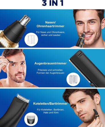 Триммер для носа, вух та брів Herren 3-в-1 з LED-дисплеєм, USB-C, IPX7 (Золотий)