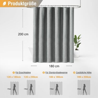 Штора для душу BTTN з льону 180x200 см, сіра, антигрибкова, з гачками, поліестер