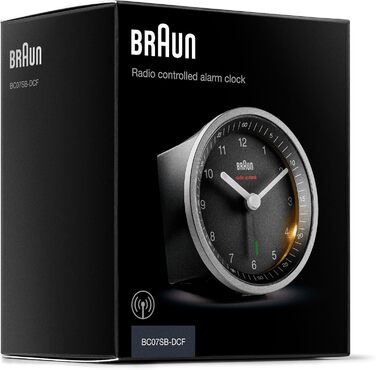 Braun Classic Analog Radio Alarm Clock, Central European Time Zone (CET/GMT+1) with Snooze Function and Illumination, Silent Movement, Crescendo Alarm, Black and Silver, Model BC07SB-DCF.