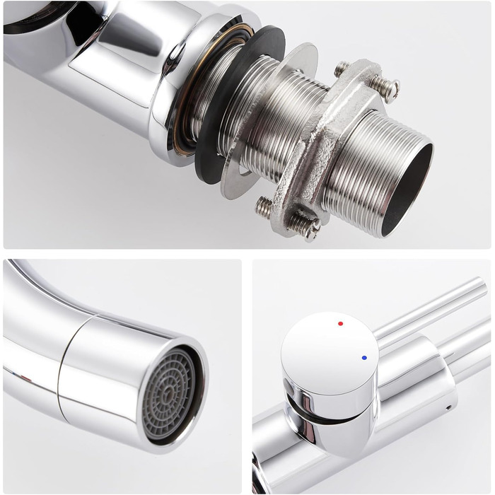 Кухонний змішувач Auralum для низького тиску, 360° обертання, 3 підключення, з міді з хромовим покриттям