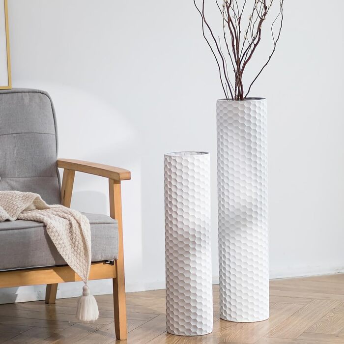 Large Floor Vase: 70/55 cm Tall Floor Vase Set of 2 Metal Floor Vase for Living Room Modern Honeycomb Floor Vase Large Vases for Floor for Dining Room Bedroom Corner Hall Office (White)