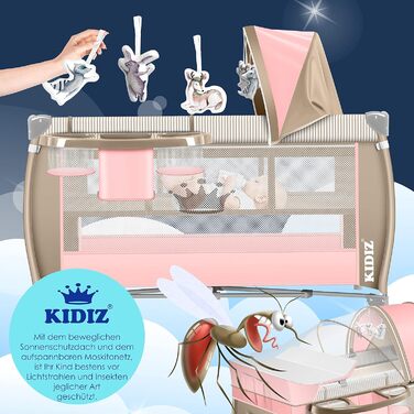 KIDIZ® 3-in-1 Baby Cot Travel Bed Combo Set Baby Bed with Changing Pad, Mosquito Net, Playard, from Birth up to 15 kg, Airy Side Walls with Side Entrance, Carry Bag, Foldable, Pink/Beige Pink / Beige