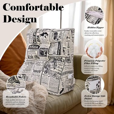 Вигнуте подушення для читання в ліжко, підголівник, клиновий подушок для підтримки спини, піднятий подушок для сидіння в ліжко або диван, знімний чохол (газета, 60 см)
