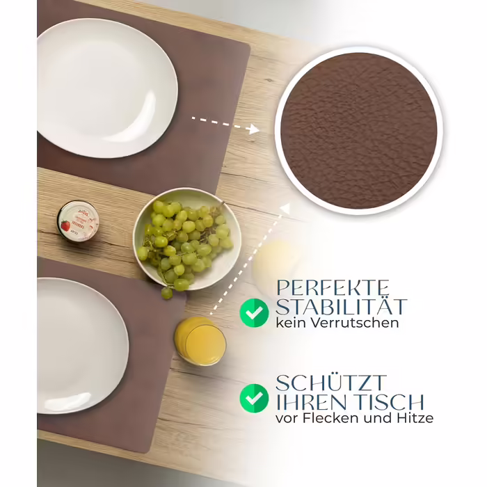 Washable Table Placemats - Set of 4 – Sustainable, Stable & Non-Slip – High-Quality Recycled Leather, Made in Germany (Dark Brown)