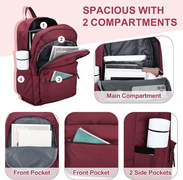 Рюкзак RAVUO для чоловіків та жінок, 15.6 дюймів, водонепроникний, для підлітків, для школи, подорожей, роботи, чорний, бордовий