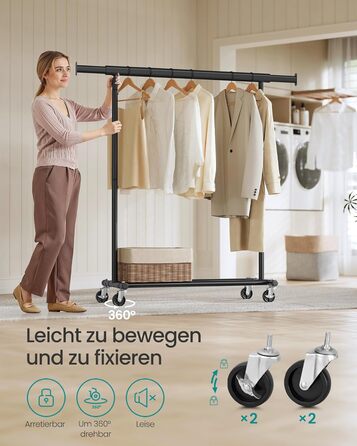SONGMICS Clothes Rack with Wheels, Heavy-Duty Garment Rack, Extendable Clothes Rod, Load Capacity up to 100 kg, Easy Assembly, Portable, Black HSR13BKV1