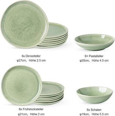 Набір глибоких тарілок GBhome з каменю 22см (24 шт.) - для супу, пасти, 6 персон, стійкі до подряпин, сумісні з мийкою та мікрохвильовкою, колір: спокійний зелений