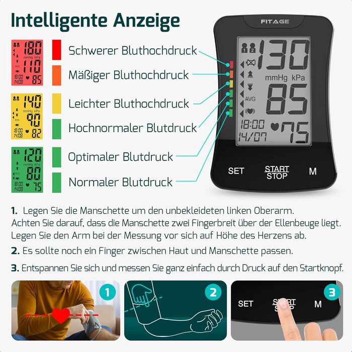 Цифровий тонометр на плече Oberarm з функцією пам'яті, виявлення аритмії та вимірювання пульсу. Підходить для об'ємів плеча 22-42 см. Чорний колір