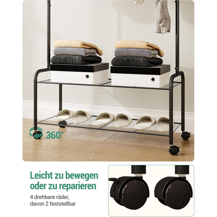 Clothes Rack with 2-Tier Shelf, 3-in-1 Design, Clothes Stand with 4 Wheels, Coat Rack with 4 Hooks for Bags, GR07499A (Black)